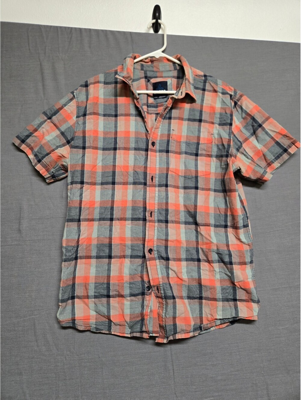 prAna orange gray plaid short sleeve button shirt LARGE